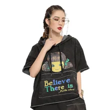 1431 Лето Винтаж Футболка прекрасная девушка голова футболка с коротким рукавом для женщин Личность мыть джинсовые свободные хип хоп футболка с Hooded ш