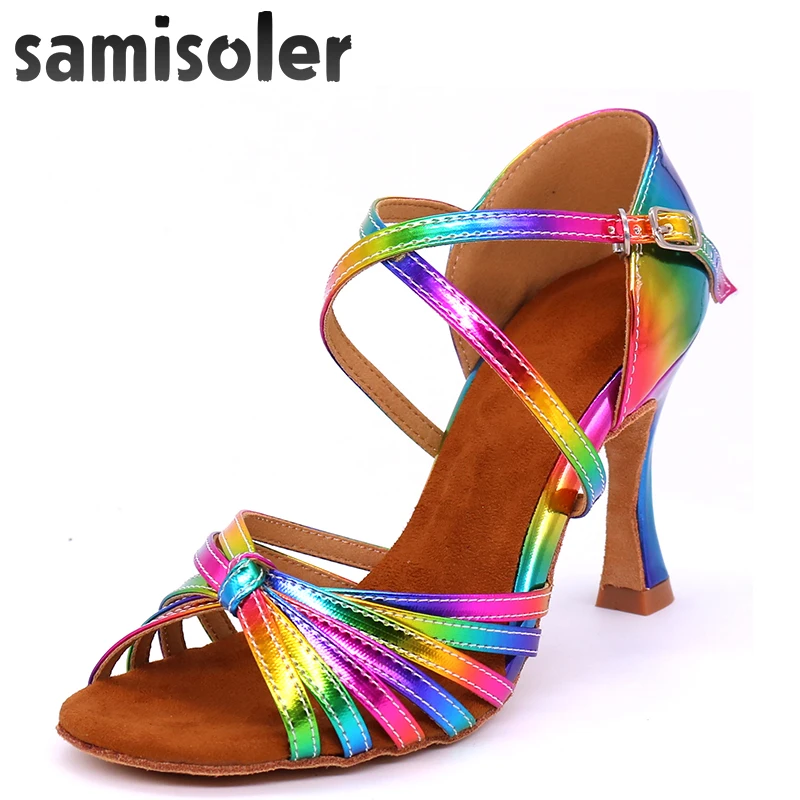 Samisoler Rainbow Colors Women Latin Dance Competition Shoes satin Dance Shoes bright PU Women's Salsa Tango Latin dance shoes latin dance dress women sexy white bule fringed dance dress cha cha rumba samba tango professional competition dance dress