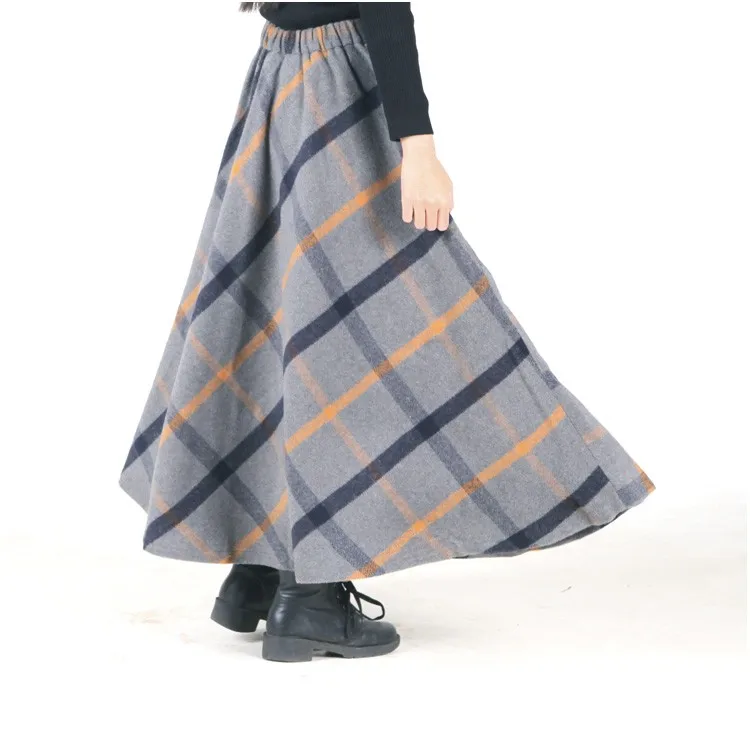 Осень-зима Для женщин юбка британский стиль 50-х, Винтаж Шерстяная Юбка Макси классические клетчатые толстые теплые Saias Longa
