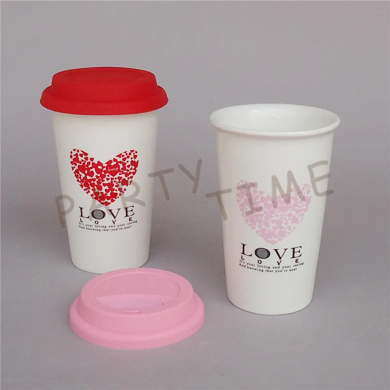 

Porcelain Heart Shape Pattern Travel Mug, Insulated Mug for Lovers, Double layer Coffee Mug