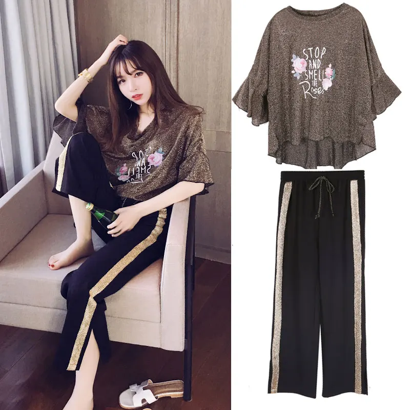 

2019 Women Summer Casual Cotton Round neck short sleeve tops + pants two piece set Female Office Suit Set Women's Costumes