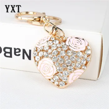 

Pink LOVE Heart Rose Flower New Cute Crystal Charm Pendant Purse HandBag Car Key Ring Chain Wedding Party Jewelry Gift