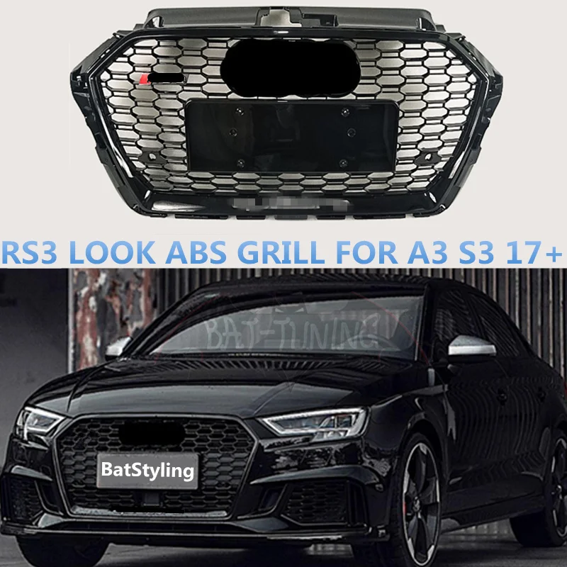 

Black Frame Honeycomb Look ABS Grill For A3 S3 RS3 17-19 Hex Mesh Front Bumper Sport Edition Racing Grille With/Without Emblem