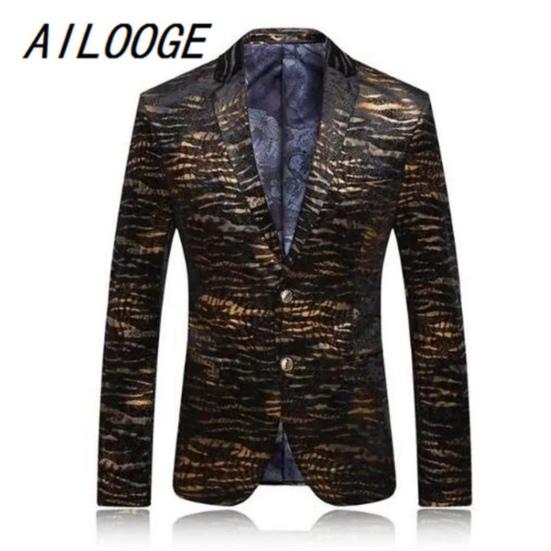 

AILOOGE Blazer Men 2017 Brand Mens Leopard Print Blazer Casual Gold Blazers Stage Costumes For Singers Vintage Prom Suits