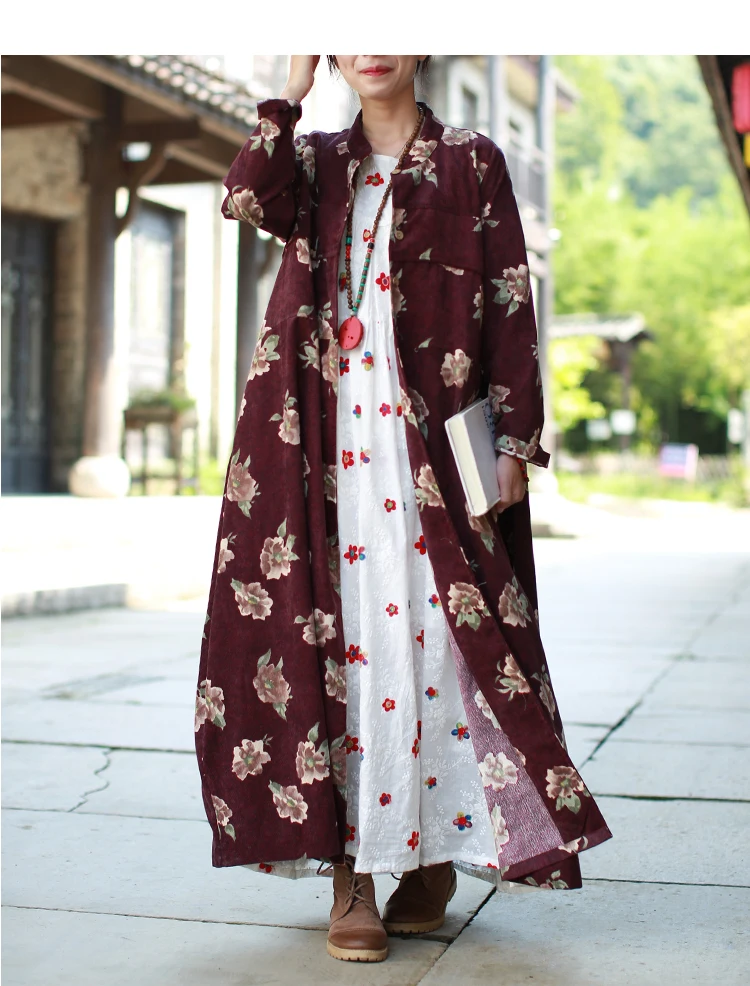 Длинное пальто для женщин, осеннее пальто, женское этническое цветочное пальто, плащ, ветровка, шикарное пальто Kaban, 2 цвета