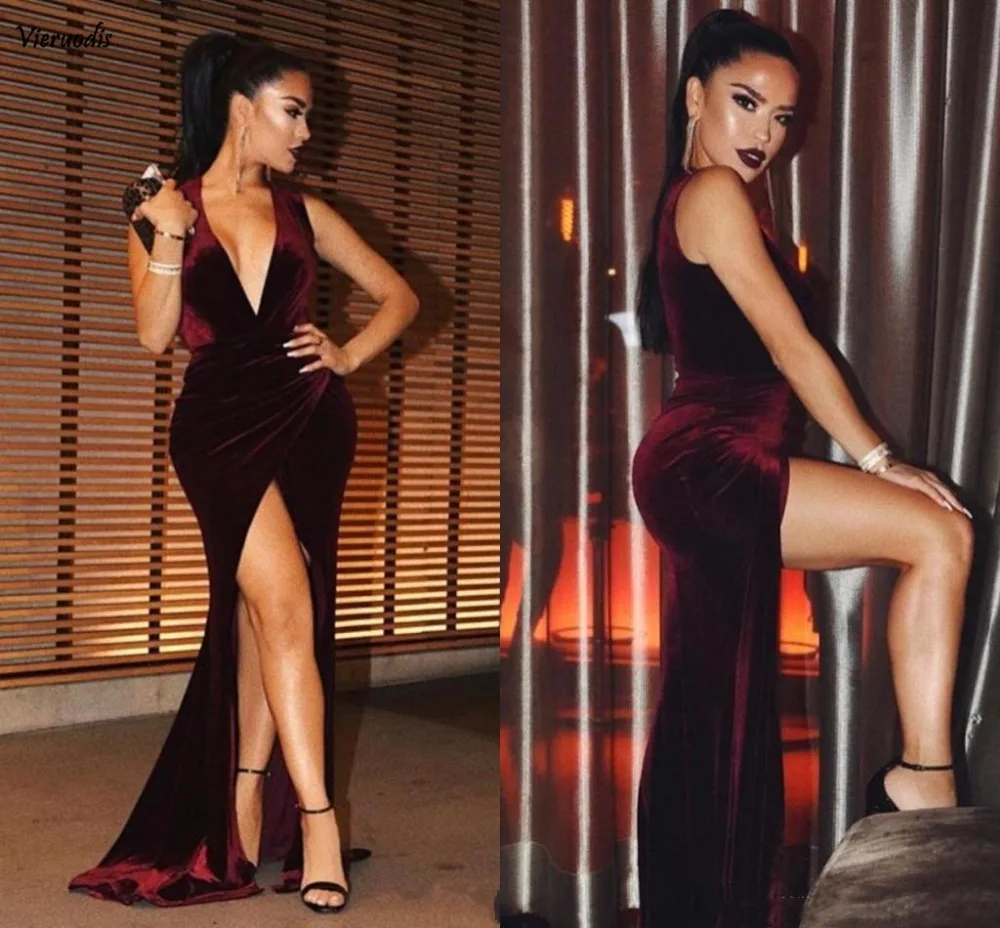 108-1            Sexy Burgundy Velvet Deep V Neck Evening Dresses Mermaid High Side Split Prom Gowns Cheap Party Dresses