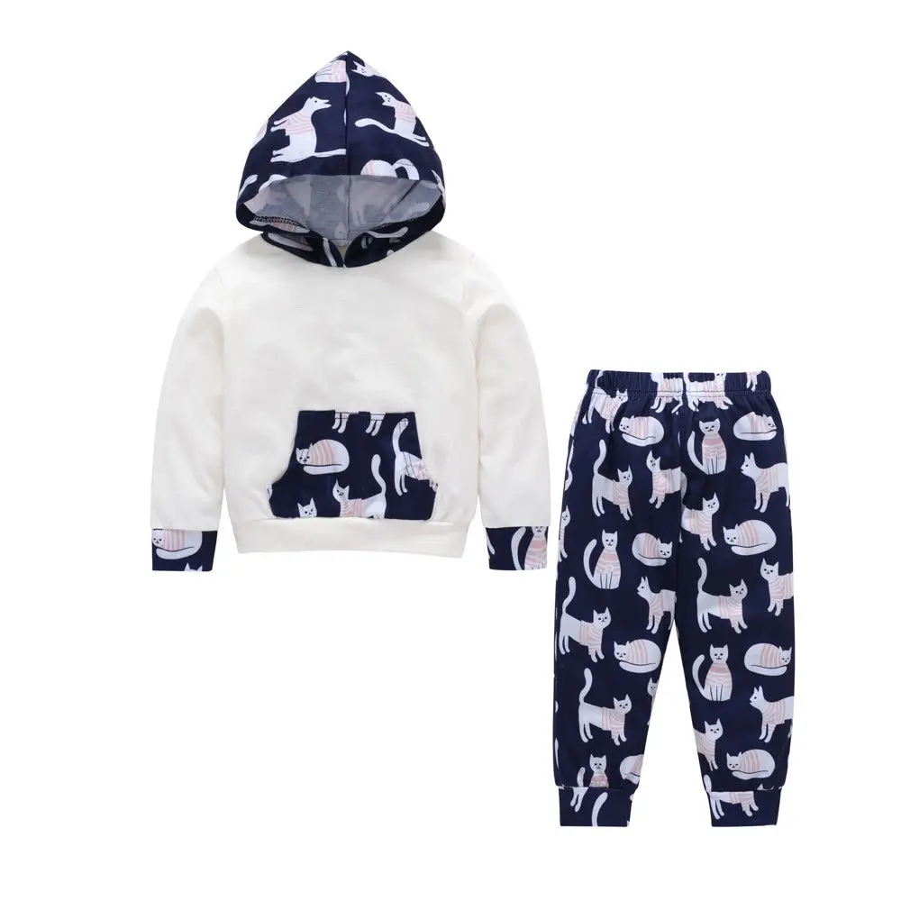 Baby Boys Girls Toddler Cartoon Cat Clothing Set Long Sleeve Hoodie Tops Sweatsuit Pants Outfit Set