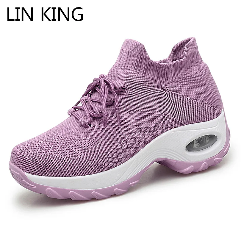 LIN KING/большие размеры; женская Повседневная дышащая обувь для прогулок; сетчатая обувь на танкетке; модные кроссовки со шнуровкой; спортивная Вулканизированная теннисная обувь