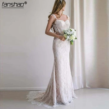 

Sexy Open Back Bohemian Mermaid Wedding Dress Off the Shoulder Pink Lace beach Bridal Gowns