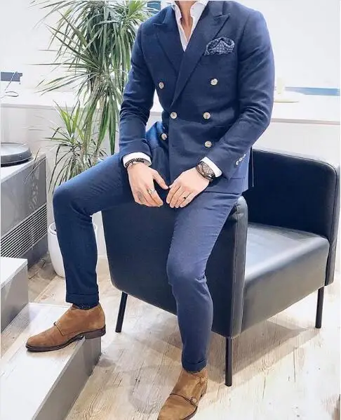 Descuento Caliente Traje De Hombre Azul Marino De Doble Botonadura Para Traje De Graduacion De Boda Para Hombre Chaqueta Casual Traje Con Pantalones Esmoquin Ajustado Hecho A Medida September 2020