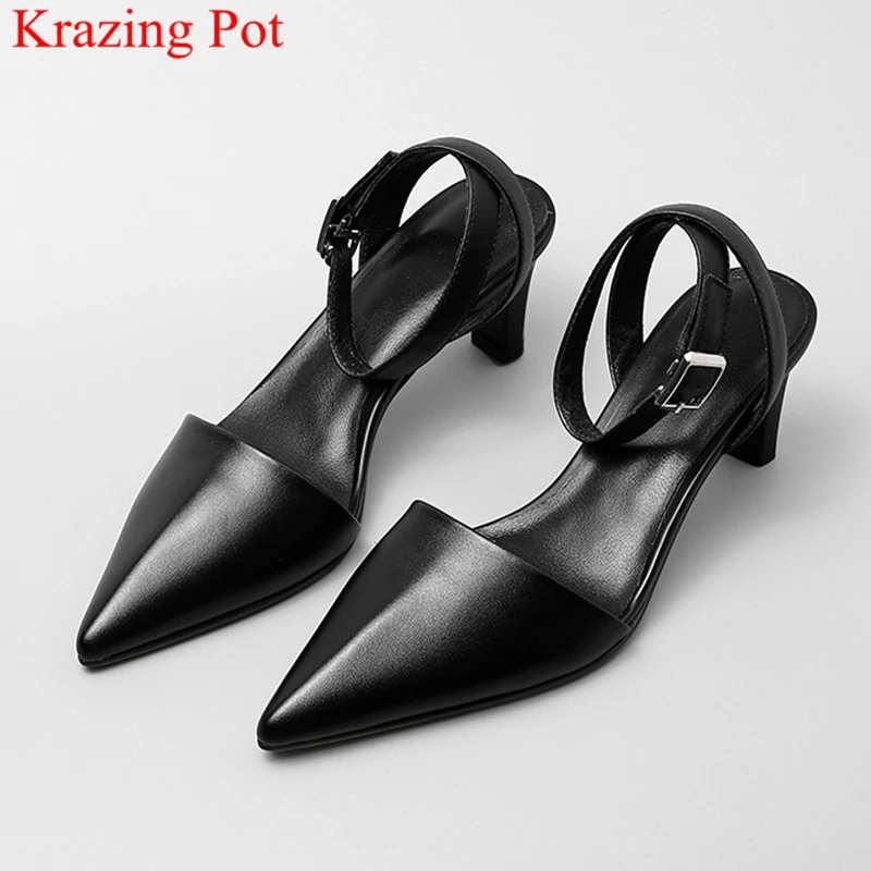 

handmade genuine leather pointed toe high heels shallow brand women sandals buckle strap party elegant wedding summer shoes L62