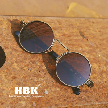 

HBK Vintage Steampunk Retro Round Sunglasses Rock&Roll Steam Punk Metal Frame Curved Leg Sun Glasses Oculos De Sol UV400 K35007