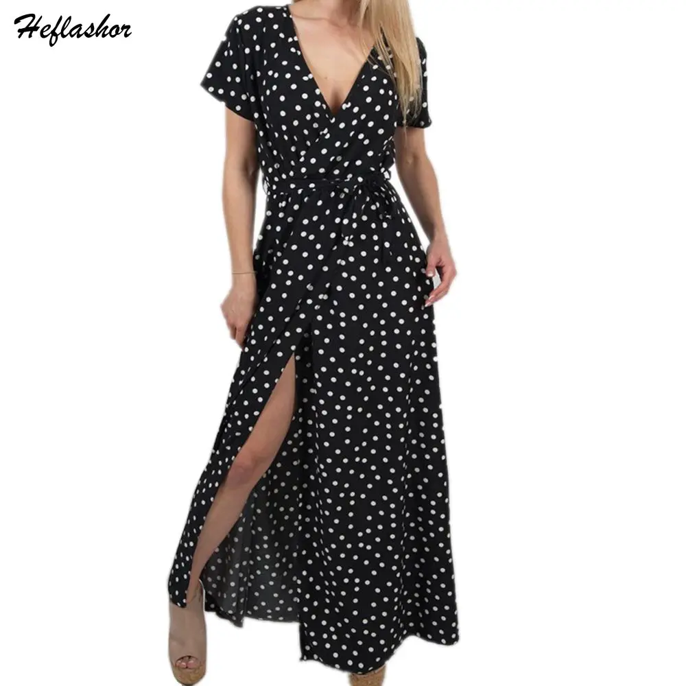 

Heflashor Summer Sexy Bohemian Deep V-neck Dress Women's Short-sleeved Sashes Wave Dot Dress Beach Long Hight Waist Dress