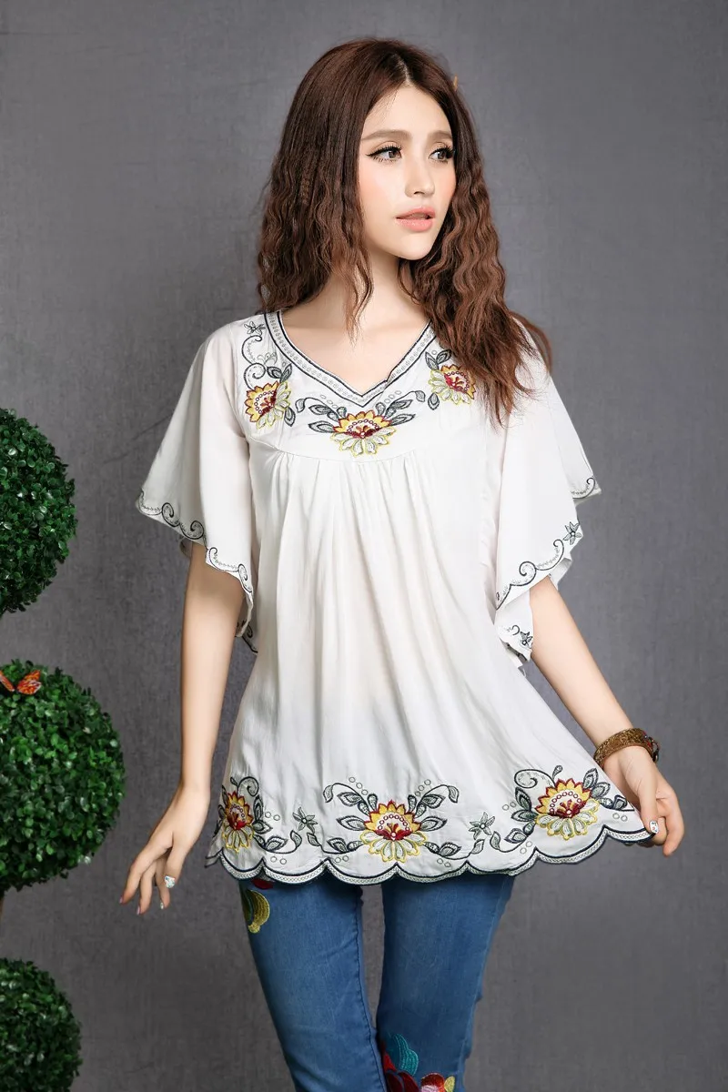  2020 Hot Sale vintage 70s mexican Ethnic Floral EMBROIDERED BOHO Hippie blouses / shirt Women Cloth