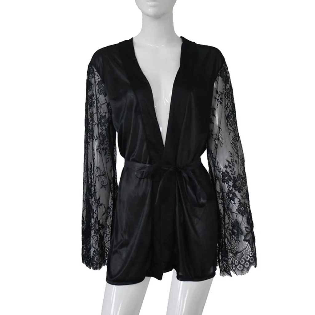 Для женщин атлас халат кружева шелка с длинным рукавом халат с поясом свободные ночная рубашка Femme De Nuit Удобная Ночная рубашка пижамы
