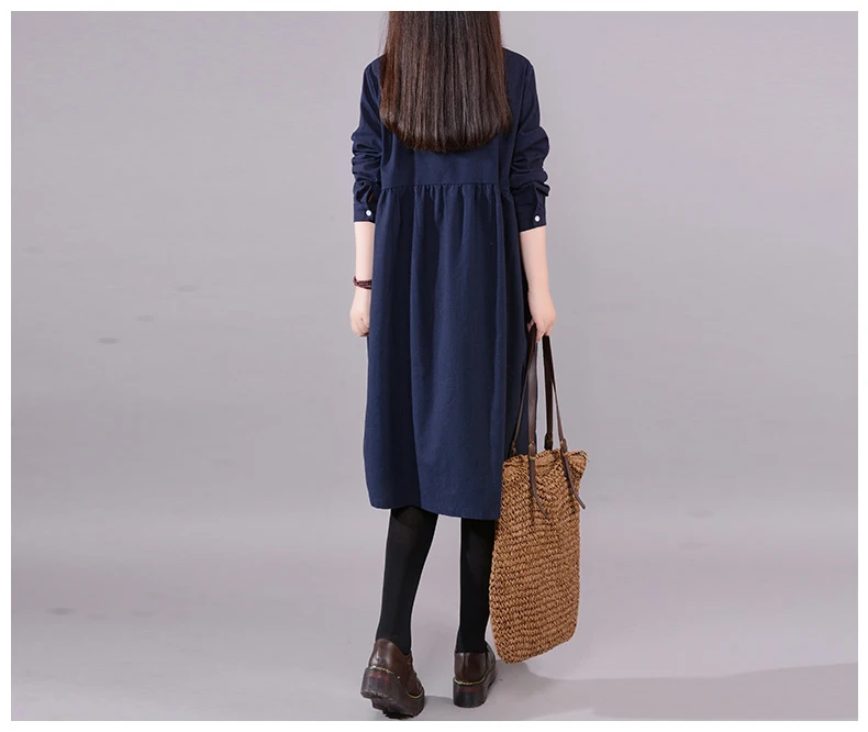 9521 Oversize Dresses Women Long Sleeve Elegant Loose Casual Dress Large Size Solid Button Vintage Cotton Linen Dress Vestidos Mujer 9