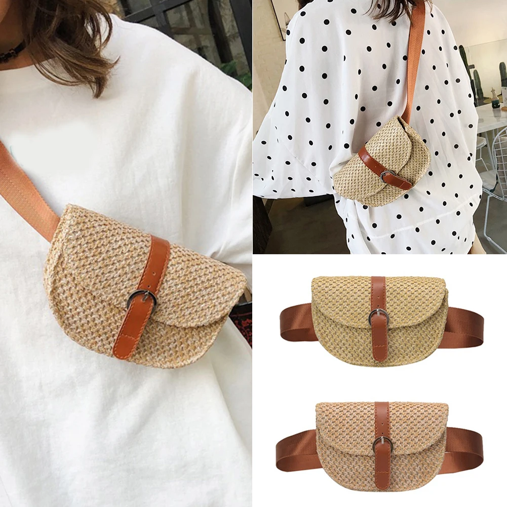 

Women Straw Waist Fanny Holiday Beach Shoulder Messenger Bag Waist Pack Bags