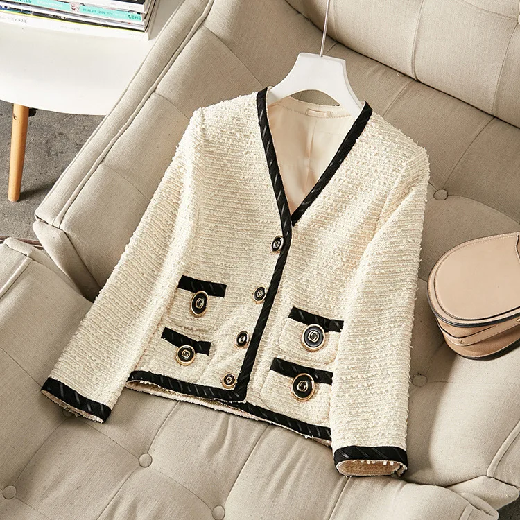 

Autumn 2019 new European and American women's wear Nine-quarter sleeve v-neck Exquisite button decoration Tweed jacket