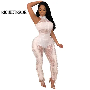 

RICHIETRADE Sexy Woman Jumpsuit O Neck Solid Sleeveless Full Length Lace