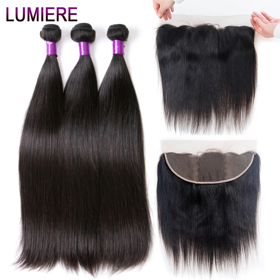 

Lumiere Peruvian Straight Hair 13x4 Lace Frontal With Bundles "8-28" Medium Ratio Remy Human Hair Bundles with Frontal Color 1B