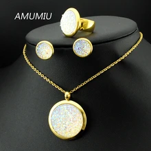 AMUMIU Boda Sistemas de la Joyería de Cristal de Las Mujeres Joyas de Acero Inoxidable 316L Collar/Pendientes/Anillo Establece Alta Calidad KTZ018