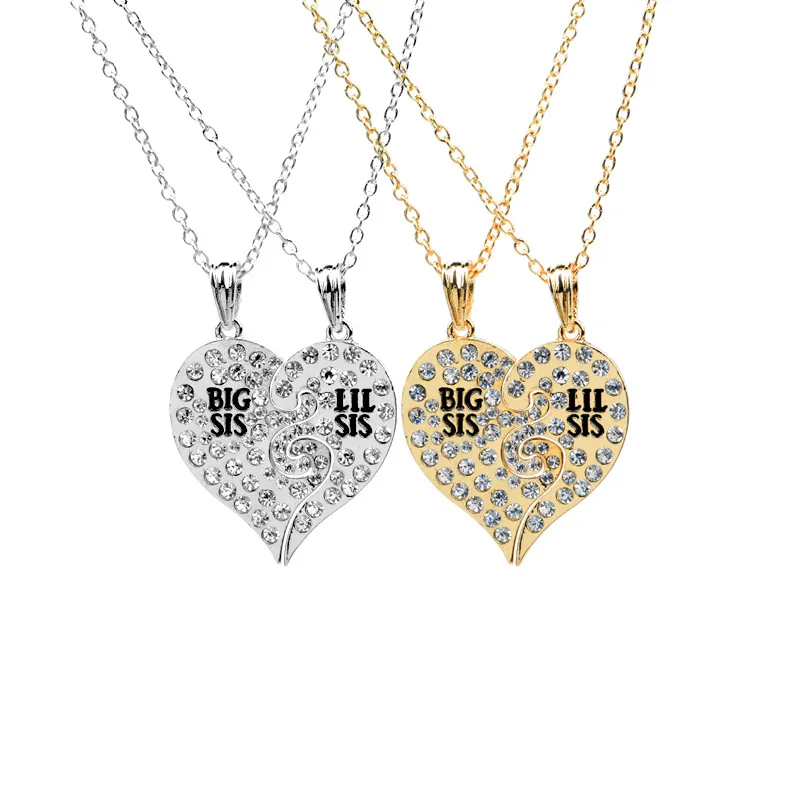 10pcs / lot Fashion New Design Necklace BIG / MIDDLE / LITTLE Best Sister Loving Heart Rhinestone Pendants For Gifts