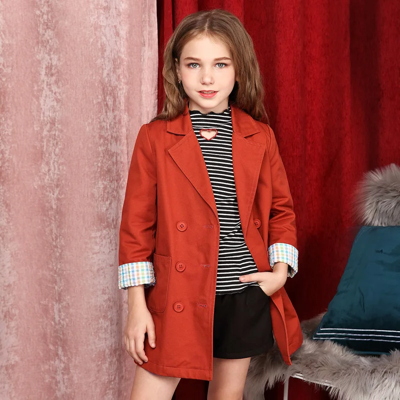 Girls' double-breasted trench coat 2018 autumn wear new temperament lapels long coat Korean fashion Girls' double-breasted trench coat 2018 autumn wear new temperament lapels long coat Korean fashion