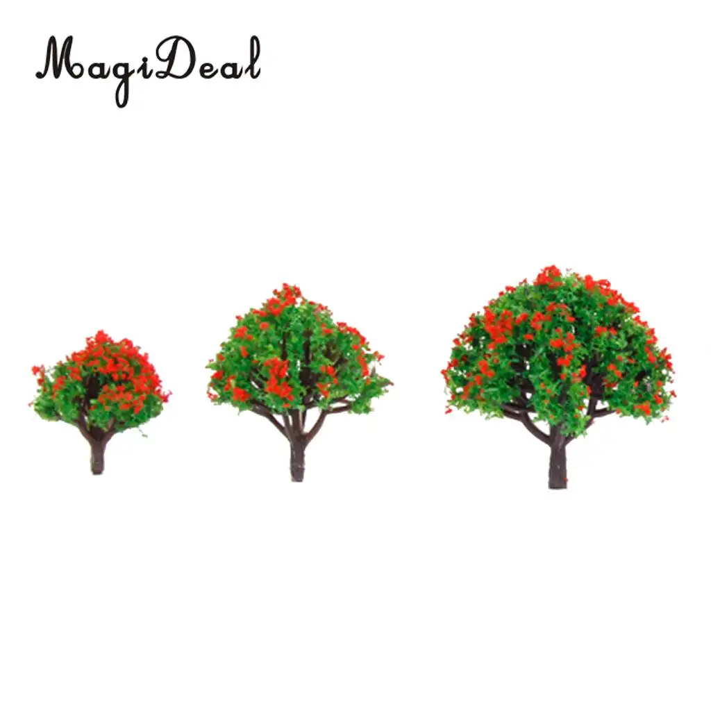MagiDeal 10Pcs Model Tree with Red Flower Railroad Scenery for Model Garden Park Train Track Architecture Layout Diorama 5 Sizes