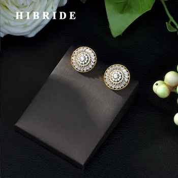 

HIBRIDE Classic Stunning Cubic Zirconia Stone Women Party Jewelry Yellow Gold Color Big Round Stud Earrings Gift E-237