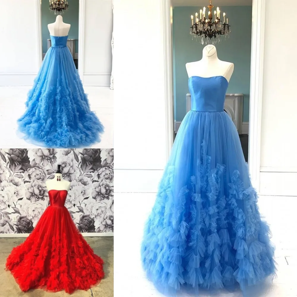 2019 платья выпускного вечера с оборками Ballgown без бретелек красные, синие многослойное длинная юбка в пол из тюля вечерние платья