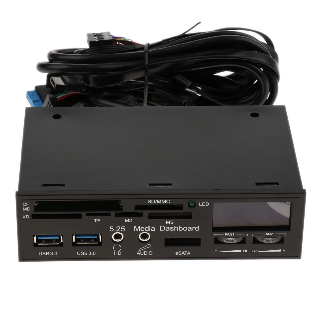 5.25' Front Panel Media Dashboard USB 3.0 Hub Card Reader LCD Fan Controller