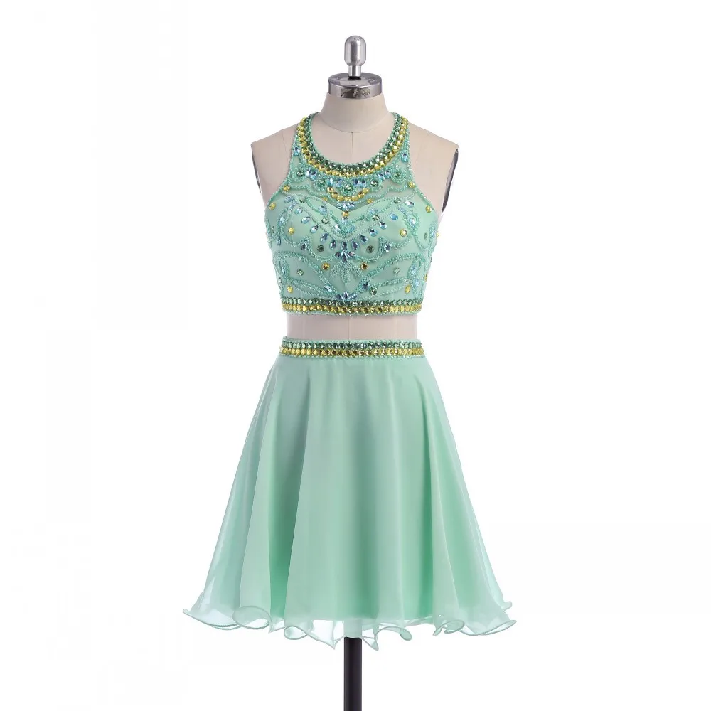 Chiffon Simple Lime Green Dresses Beaded Scoop 2 Piece