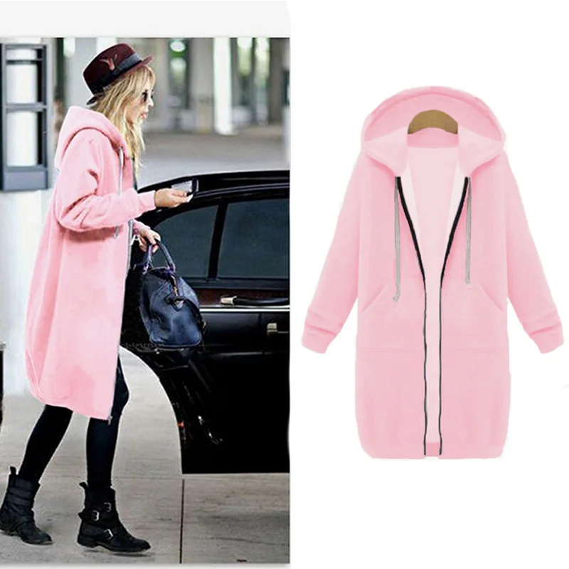 Осенне-зимнее пальто для женщин Модная Повседневная Длинная куртка на молнии с капюшоном Толстовка винтажная плюс размер верхняя одежда пальто 5XL - Цвет: pink