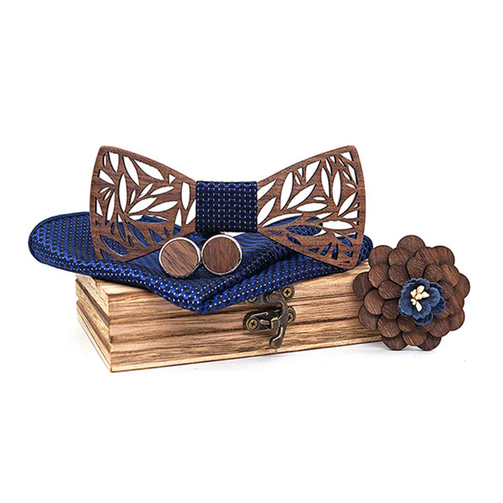 Wooden Bow Tie Handkerchief Set Men's Plaid Bowtie Wood Hollow carved cut out Floral design And Box Novelty ties Bowtie