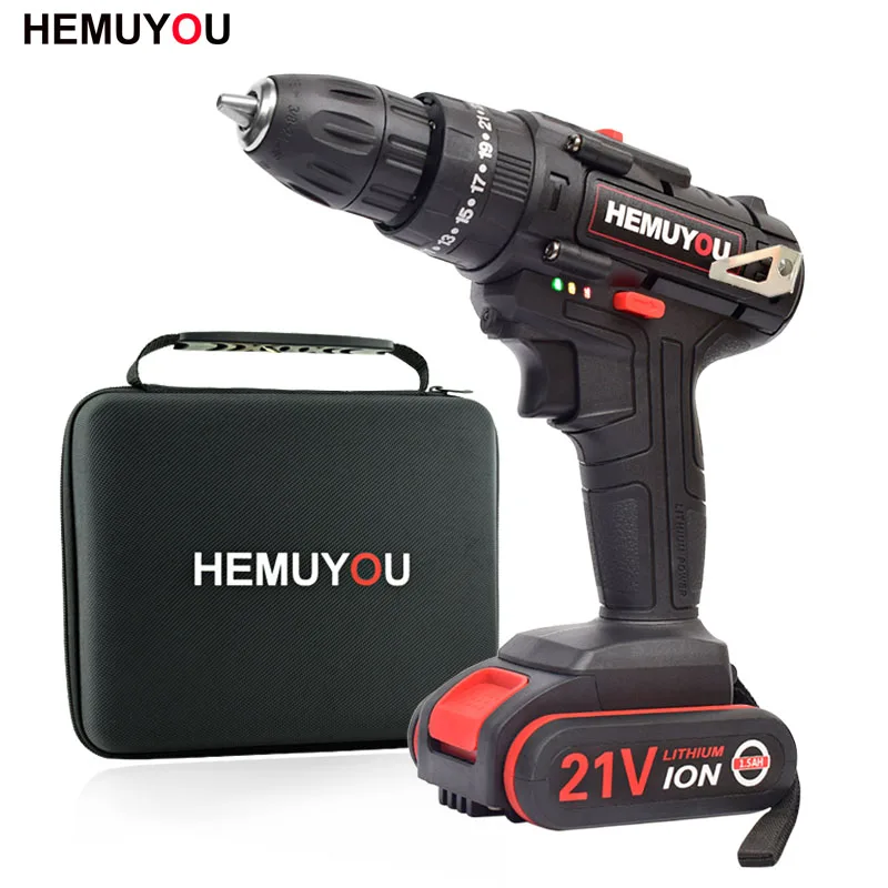 

21V Cordless Electric Screwdriver Home Rechargeable Mini Drill Impact Hammer Drill Power Tool + 3/8 Inch 2 Speed