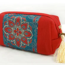 Классическая Лоскутная большая молния ювелирный Подарочный мешочек шелковая парча кисточкой женский Макияж сумка китайский этнический брелок для хранения
