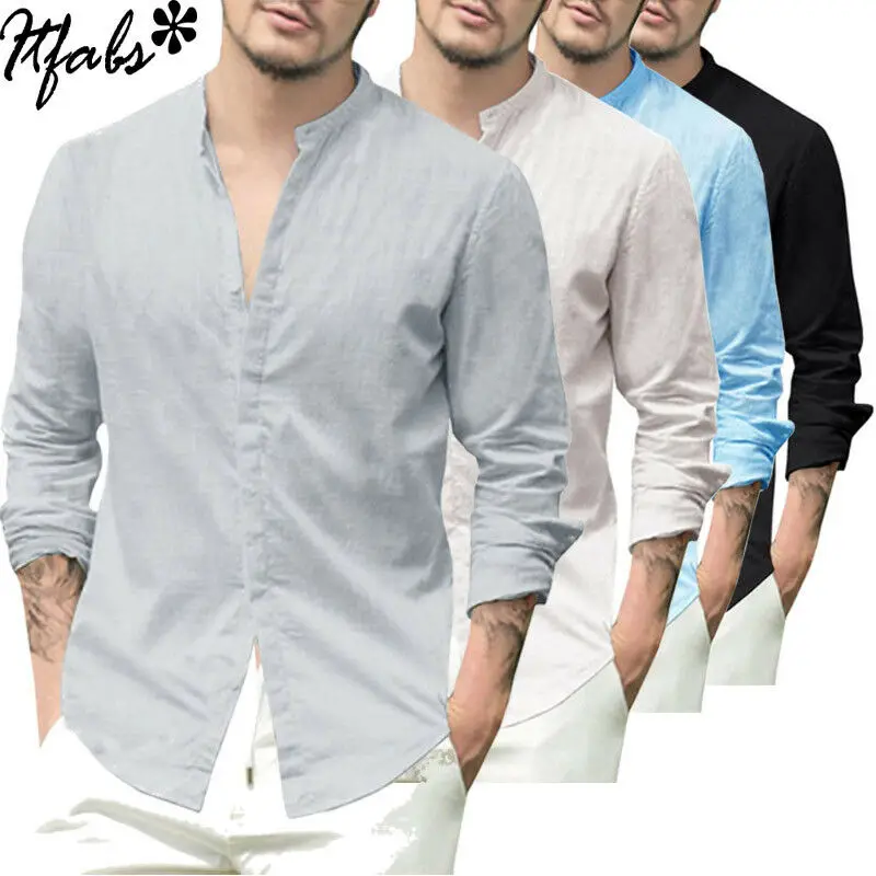 Модные повседневные мужские Базовые Рубашки с длинным рукавом, летние хлопковые льняные топы с v-образным вырезом, футболки, облегающие футболки, черные, синие, серые, белые