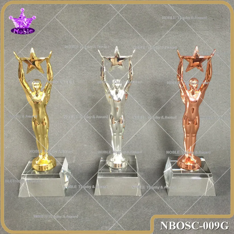 Noble Gold Silver Bronze Metal Oscar Statuette On Clear Crystal Base |