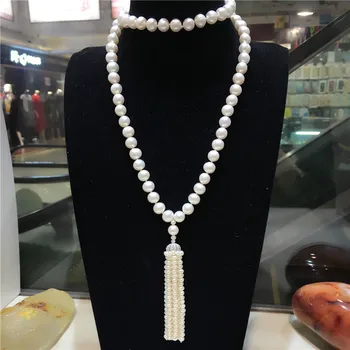 

Hand knotted 9-10mm white natural freshwater pearl tassel long sweater chain necklace fashion jewelry