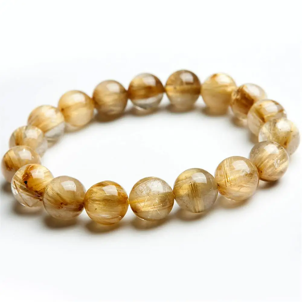 

100% Natural Brazil Gold Titanium Rutilated Quartz Crystal Woman Man Wealthy Round Beads Bracelet 11mm Jewelry Bangle AAAA