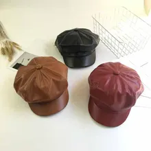 Automne hiver nouvelle mode femmes couleur unie PU cuir casquettes octogonale Casquette décontracté Vintage chapeaux Casquette gavroche pour les femmes Casquette