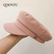 QDKPOTC Women Hat Military Cap Scrub PU leather Flat Cap Spring Autumn Octagonal Cap Young Solid Color Flat Top Military Hats