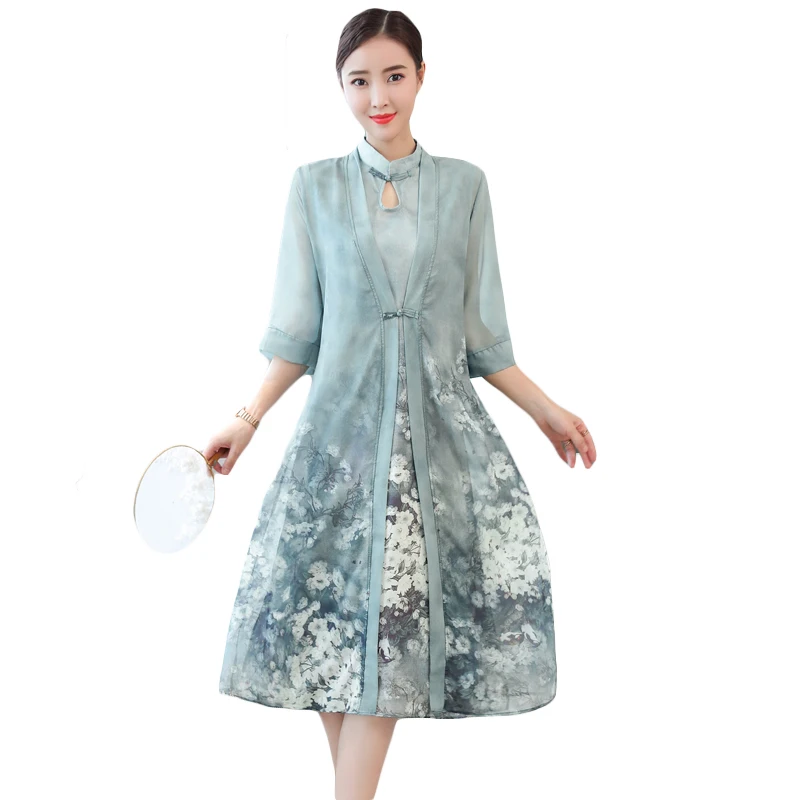 

Vestidos Summer Spring New Chinese Style Retro Plus size Dress Temperament Long Flower Two-Piece Faux Silk Female Dresses 4XL