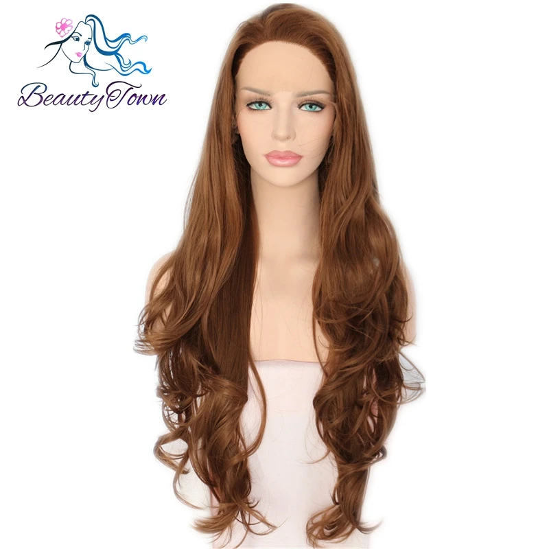 BeautyTown ручной работы Волнистые Стиль Glueless термостойкие волосы парик коричневый цвет натуральный длинный синтетический парик фронта шнурка для женщин