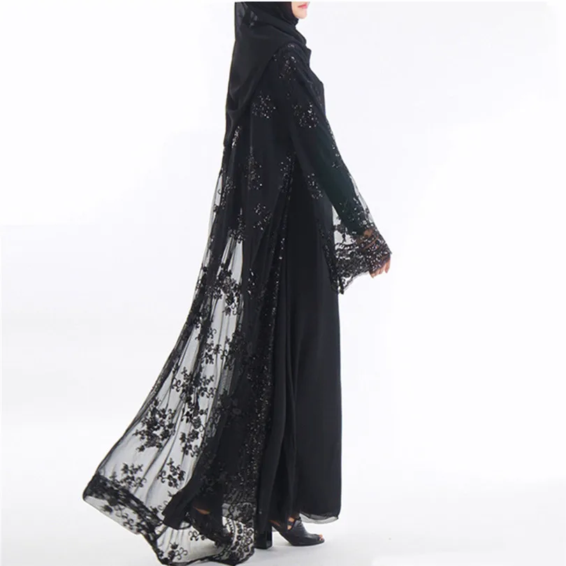 New Muslim Women Summer Lace Sequin Cardigan Long Sleeve Maxi Dress Kimono Open Abaya Robe Kaftan Dubai #4F08 (12)