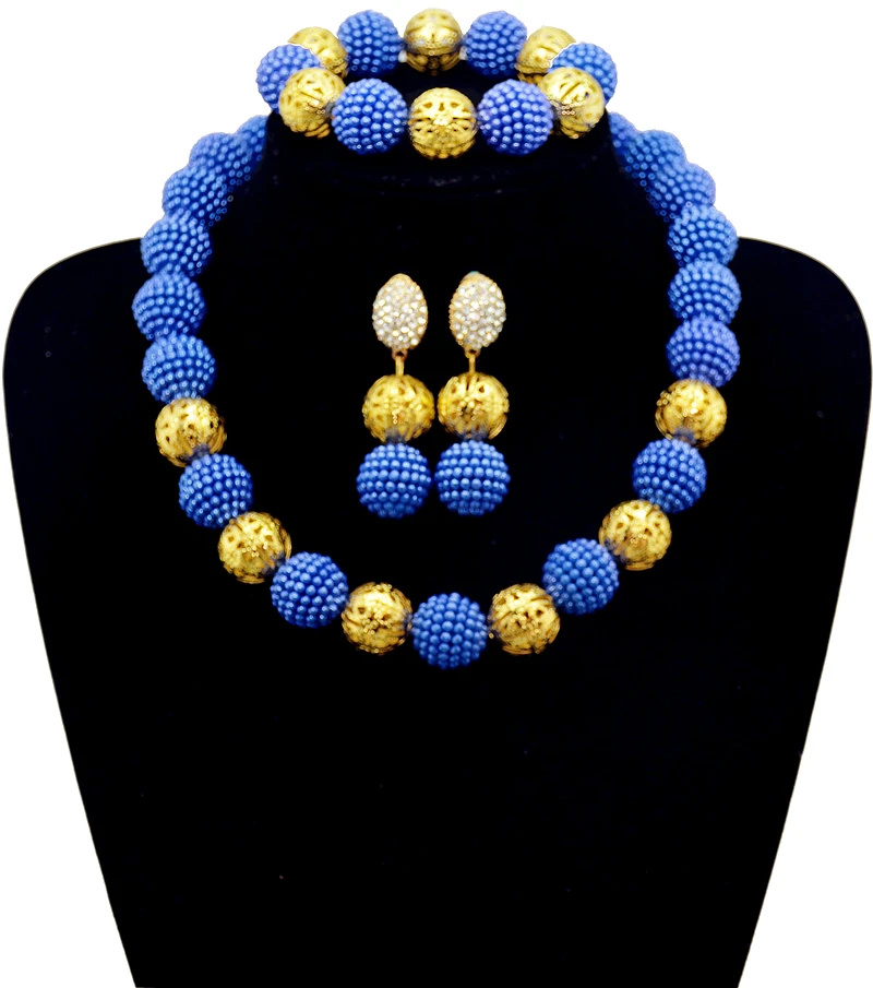 

Nigerian Wedding African Beads Jewelry Set Royal Blue Ball Bridal Gold-color Earring Necklaces Bracelet For Women