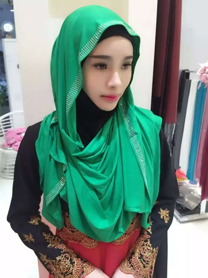 

H1024 Big size cotton elastic jersey long scarf with rhinestones,fast delivery