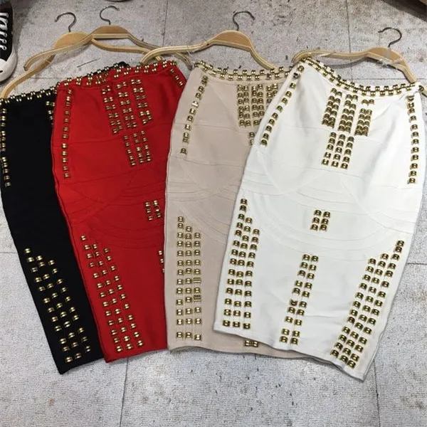 

2017 new arrival top quality white beaded studded Bandage Skirt black Women's Knitted Midi Pencil Skirts