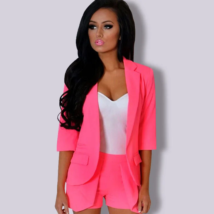 

Solid Casual Women Blazer Fashion Notched Slim Office Jacket Three Quarter Sleeve Short Blazer Mujer