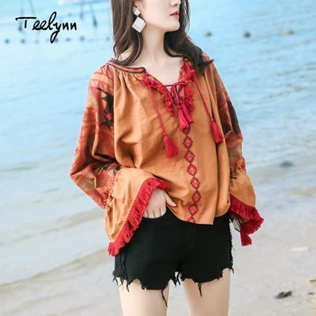 

TEELYNN cotton boho blouse ethnic floral embroidered v-neck fringe flare long sleeve blouses loose shirt short blouse for women